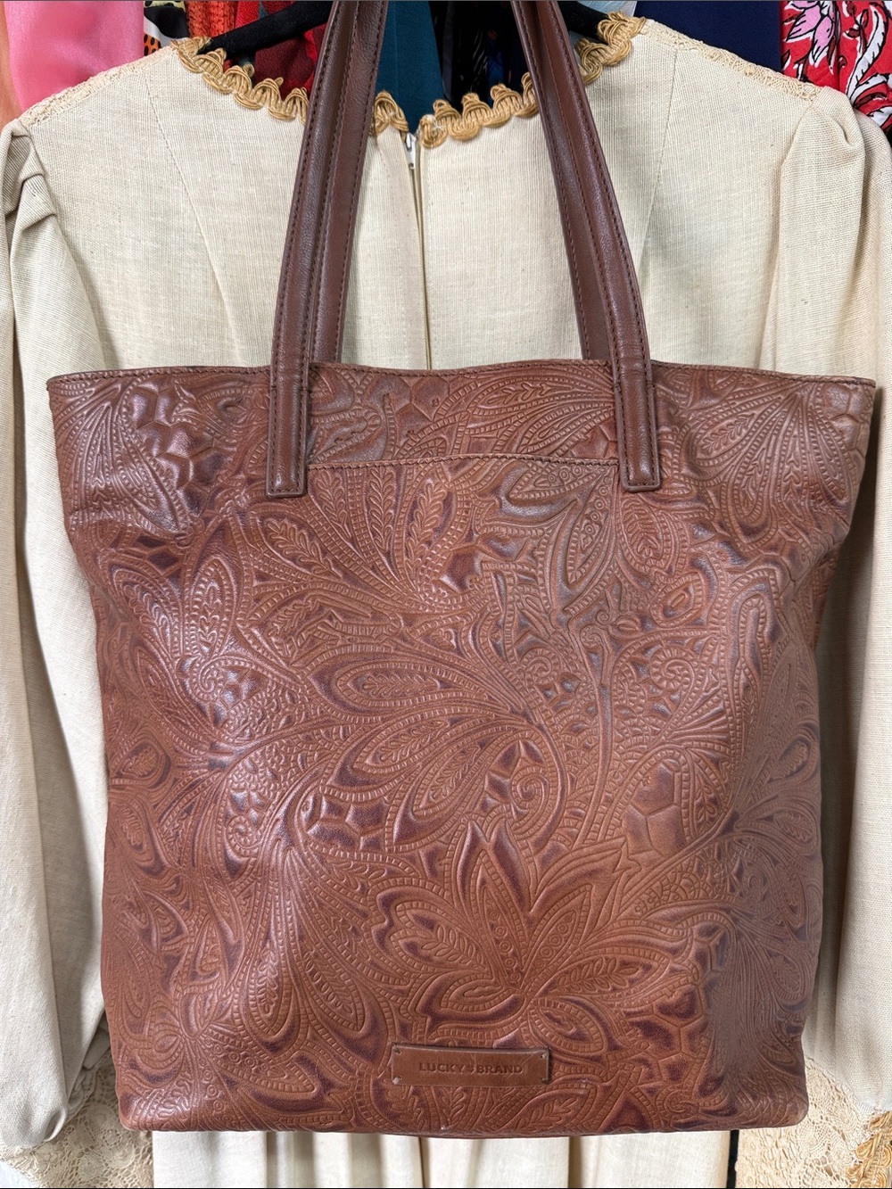 Embossed Lucky Brand Brown Leather Tote Bag - Picture 3 of 11